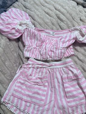 Rahi Rockaway Pink Stripe Set Anthropologie Crop Top & Shorts Size S